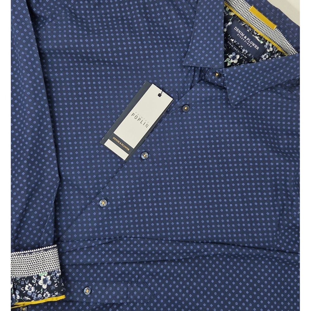 NEW Denim & Flower Long Sleeve Printed Poplin Shirt Mens XL Navy Blue NWT
